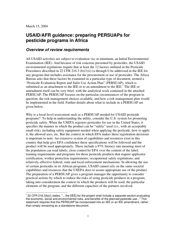 USAID/AFR guidance : preparing PERSUAPs for pesticide programs in Africa