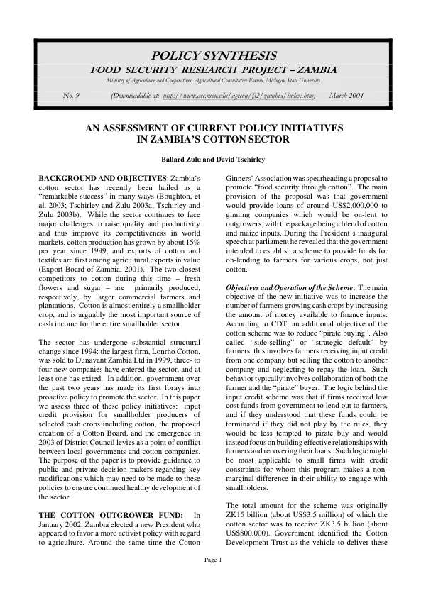 An assessment of current policy initiatives in Zambia"s cotton sector