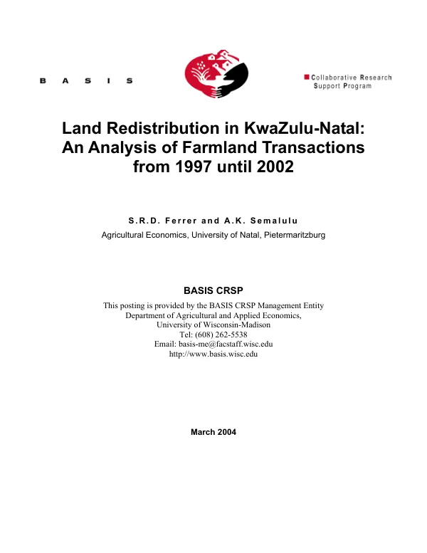 Land redistribution in KwaZulu-Natal : an analysis of farmland transactions from 1997 until 2002