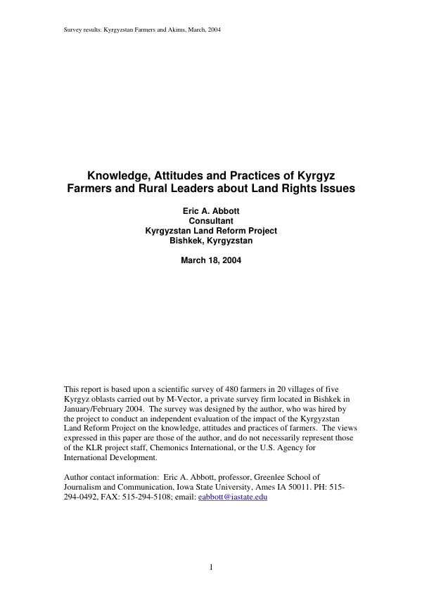 Knowledge, attitudes and practices of Kyrgz farmers and rural leaders about land rights issues