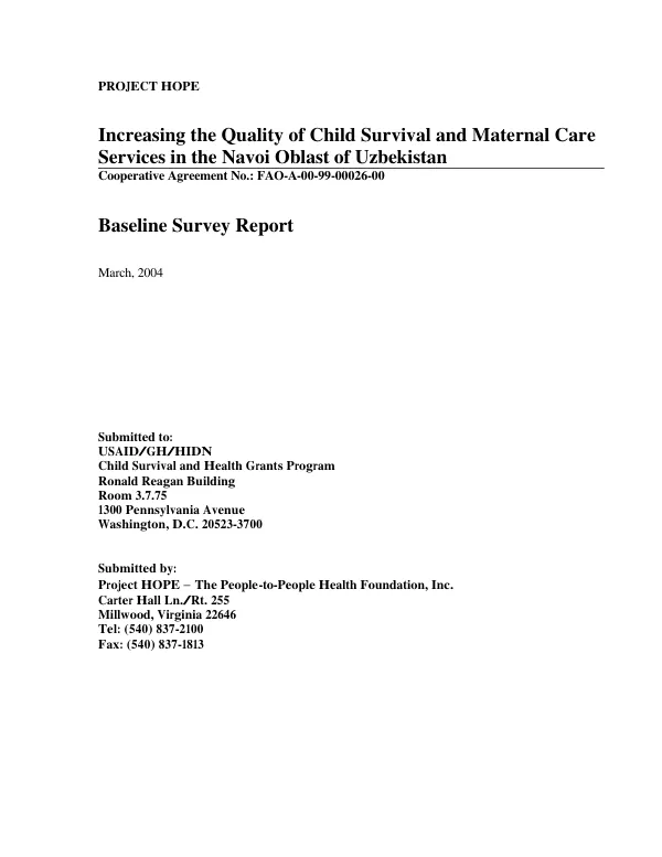 Increasing the quality of child survival and maternal care services in the Navoi Oblast of Uzbekistan : baseline survey report