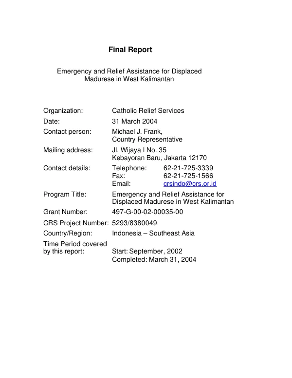 Final report : emergency and relief assistance for displaced Madurese in West Kalimantan[, Indonesia]