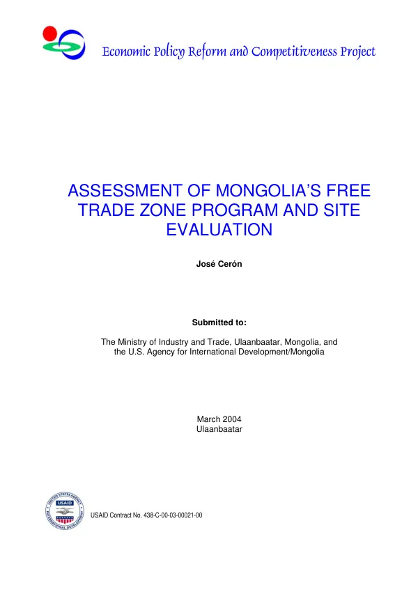 Assessment of Mongolia"s free trade zone program and site evaluation
