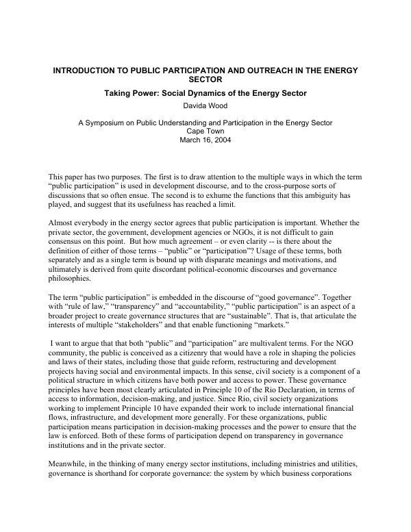 Introduction to public participation and outreach in the energy sector -- taking power : social dynamics of the energy sector