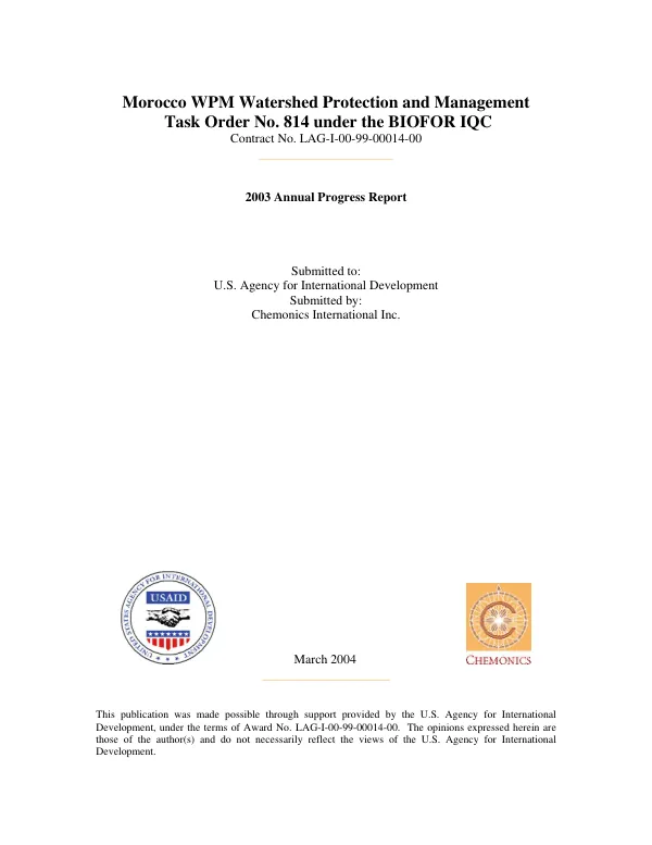 Morocco WPM watershed protection and management : task order no. 814 under the BIOFOR IQC -- contract no. LAG-I-00-99-00014-00 : 2003 annual progress report