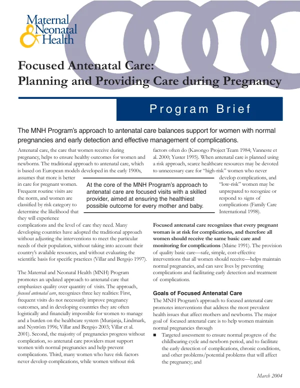 Focused antenatal care : planning and providing care during pregnancy