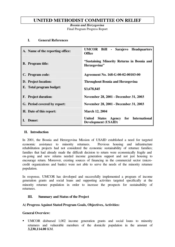 United Methodist Committee on Relief : Bosnia and Herzegovina -- final program progress report