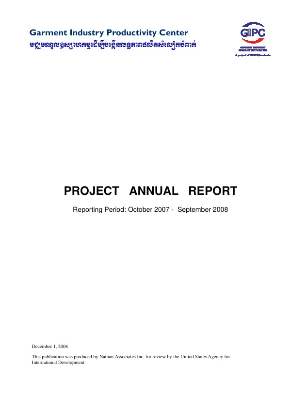 Project annual report [Garment Industry Productivity Center (GIPC)], reporting period : October 2007-September 2008