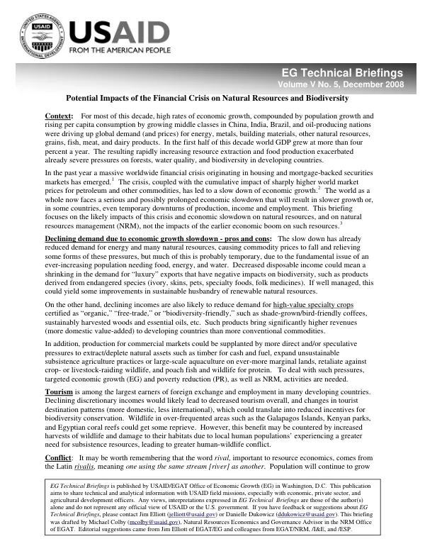 Potential impacts of the financial crisis on natural resources and biodiversity