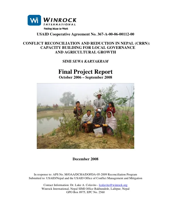 Conflict reconciliation and reduction in Nepal (CRRN) : capacity building for local governance and agricultural growth -- Simi Sewa Karyakram : final project report, October 2006-September 2008