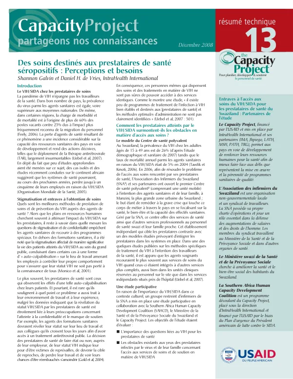 Des soins destines aux prestataires de sante seropositifs : perceptions et besoins