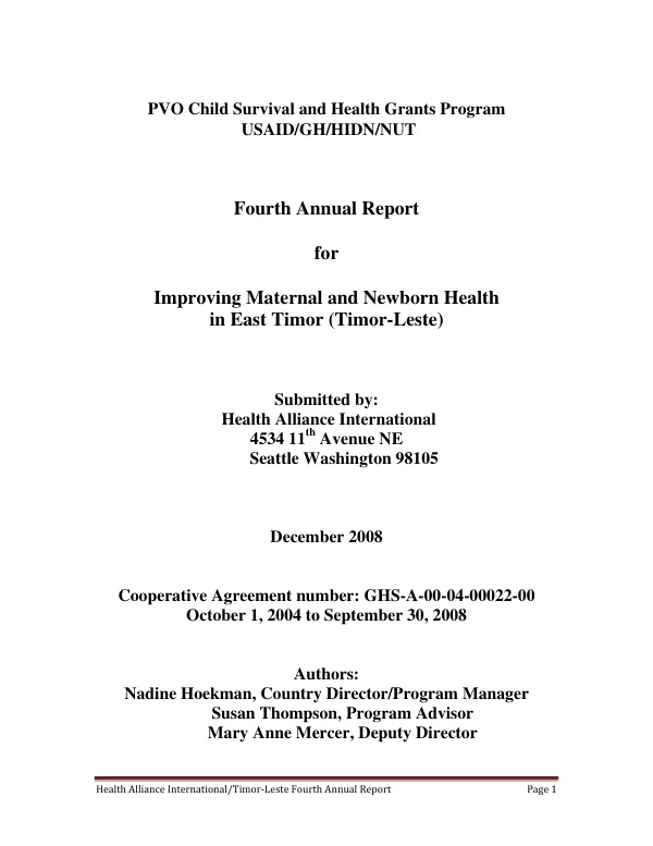 Fourth annual report for improving maternal and newborn health in East Timor (Timor-Leste)