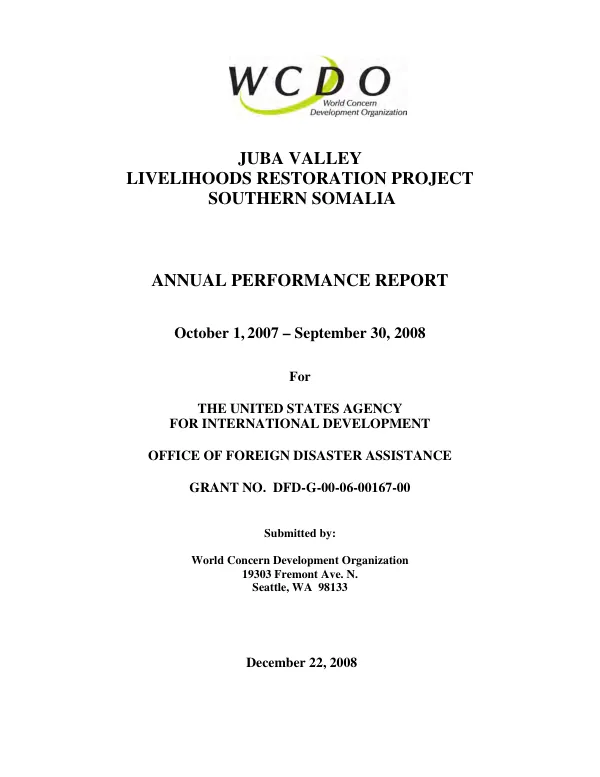 Juba Valley livelihoods restoration project Southern Somalia : annual performance report, October 1, 2007-September 30, 2008
