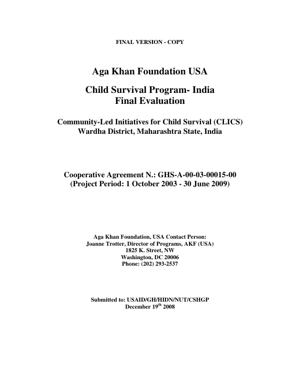 Child survival program - India final evaluation : community-led initiatives for child survival (CLICS), Wardha District, Maharashtra State, India