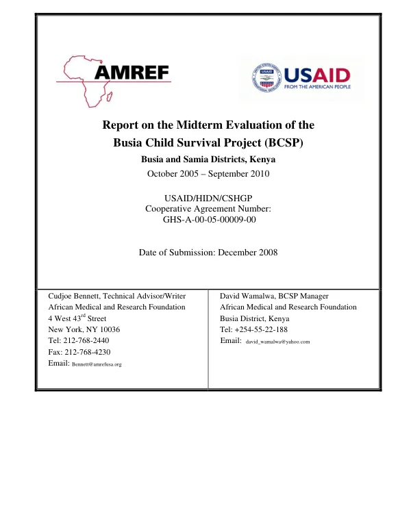 Report on the midterm evaluation of the Busia child survival project (BCSP) : Busia and Samia Districts, Kenya -- October 2005-September 2010