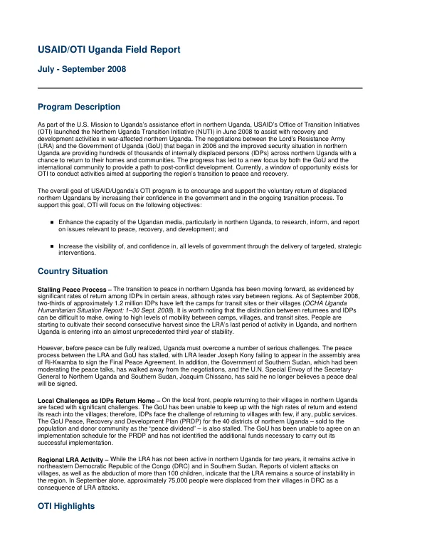 USAID/OTI Uganda field report, July-September 2008