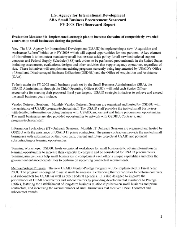 U.S. Agency for International Development SBA small business procurement scorecard : FY 2008 first scorecard report