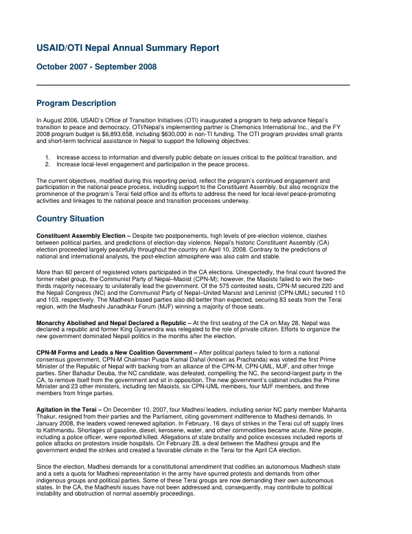 USAID/OTI Nepal annual summary report, October 2007-September 2008