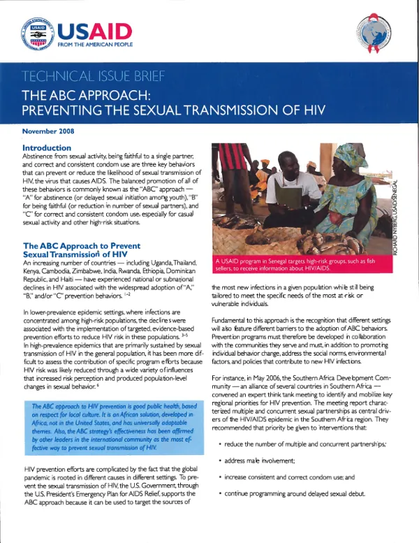 Technical issue brief : the ABC approach : preventing the sexual transmission of HIV