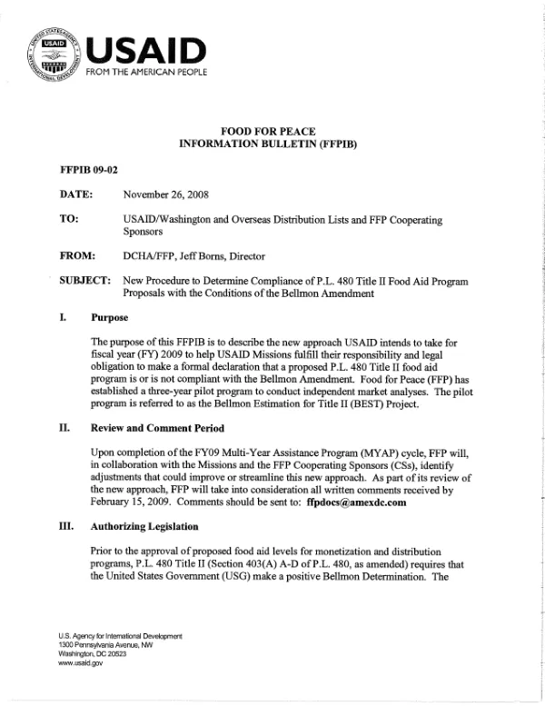 New procedure to determine compliance of P.L. 480 Title II food aid program proposals with the conditions of the Bellmon Amendment