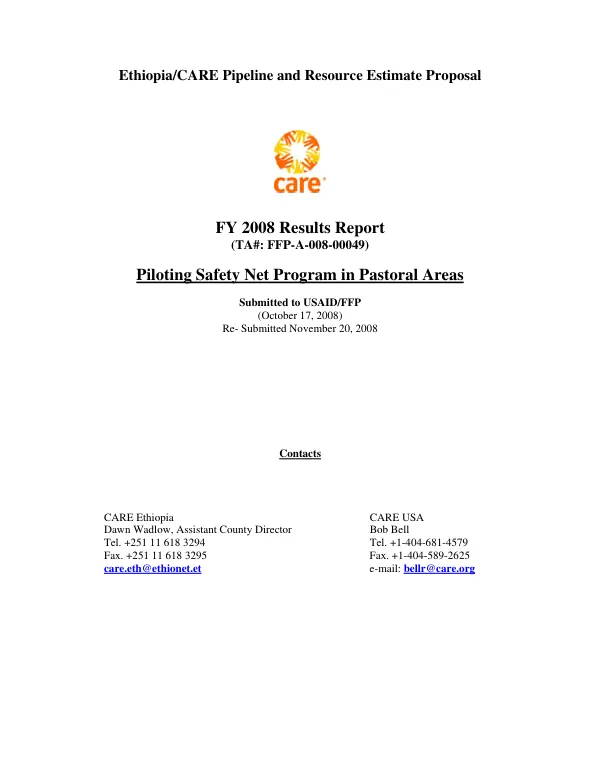 FY 2008 results report : piloting safety net program in pastoral areas