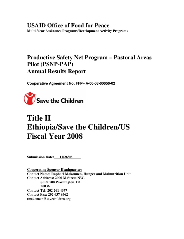 Productive Safety Net Program-Pastoral Areas Pilot (PSNP-PAP) : annual results report -- cooperative agreement no. FFP-A-00-08-00050-02