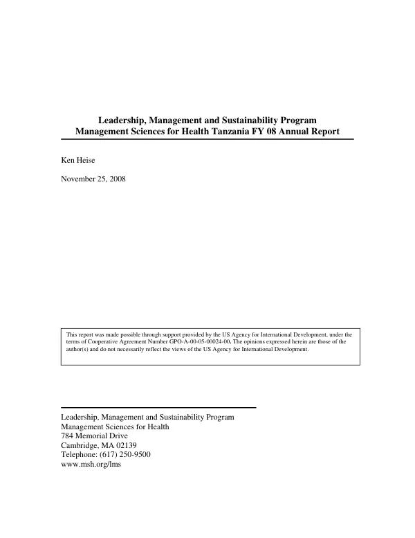 FY 08 annual report : leadership, management and sustainability program -- October 1, 2007 through September 30, 2008