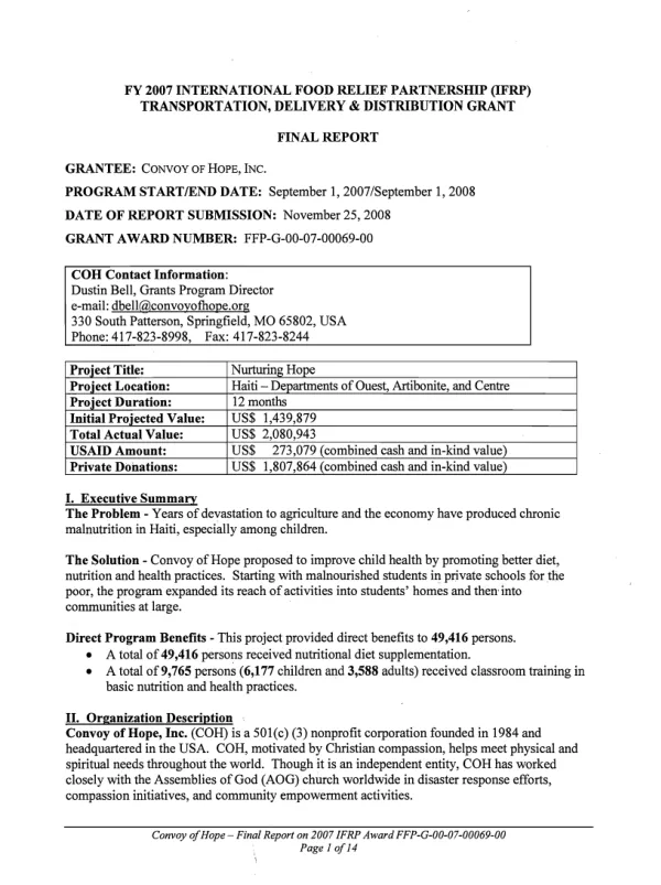 FY 2007 International Food Relief Partnership (IFRP) transportation, delivery & distribution grant : final report