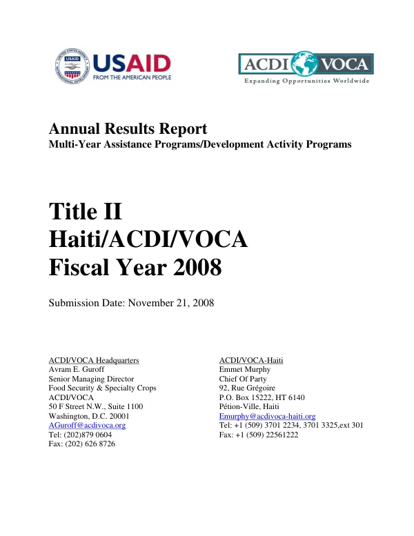 Annual results report multi-year assistance programs/development activity programs : Title II Haiti /ACDI/VOCA fiscal year 2008