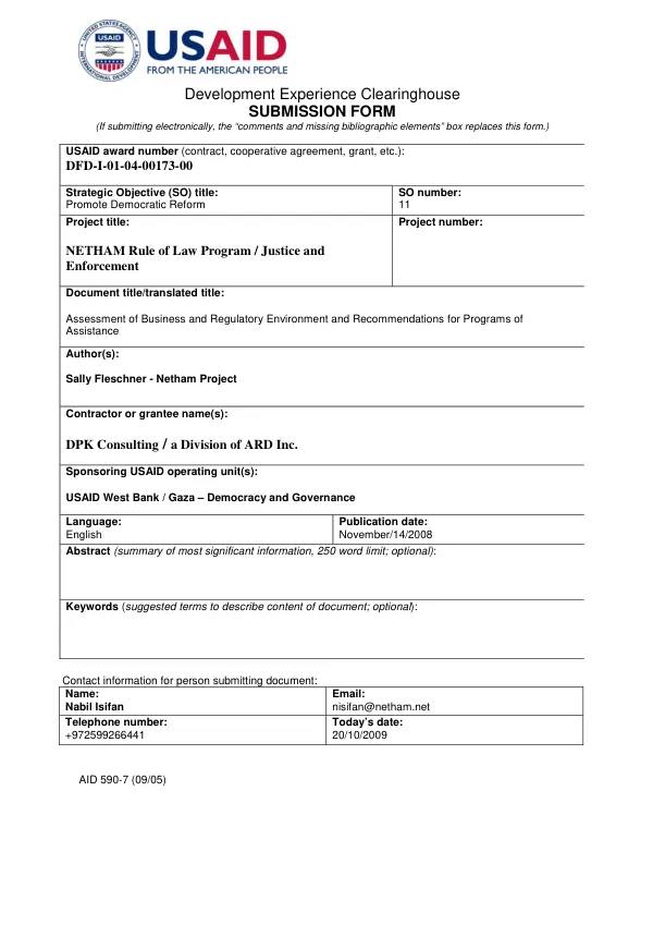 Assessment of business and regulatory environment and recommendations for programs of assistance