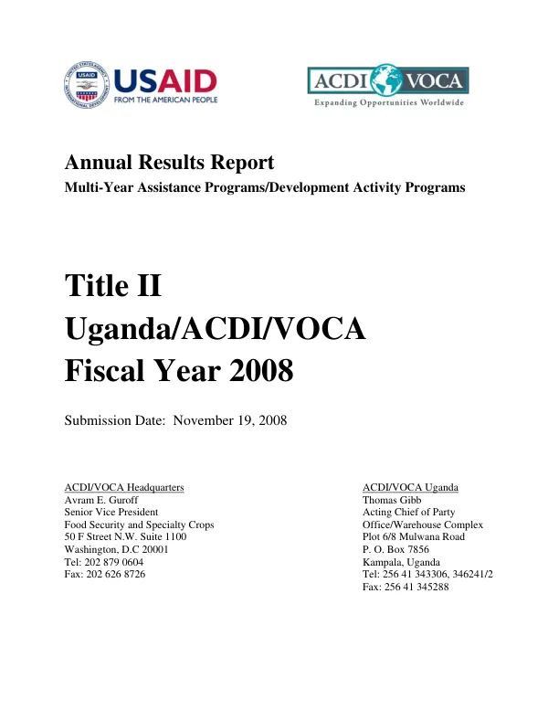 Annual results report : multi-year assistance programs/development activity programs -- Title II Uganda/ACDI/VOCA fiscal year 2008