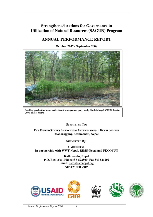 Strengthened actions for governance in utilization of natural resources program (SAGUN) : annual performance report, October 2007-September 2008