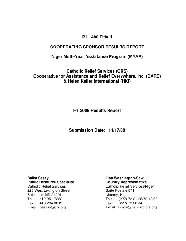 P.L. 480 Title II cooperating sponsor results report : Niger multi-year assistance program (MYAP) : FY 2008 results report