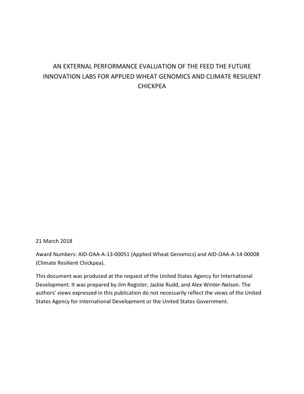 An external performance evaluation of the Feed the Future innovation labs for applied wheat genomics and climate resilient chickpea
