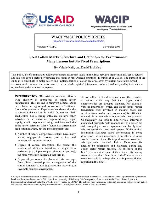 Seed cotton market structure and cotton sector performance : many lessons but no fixed prescriptions