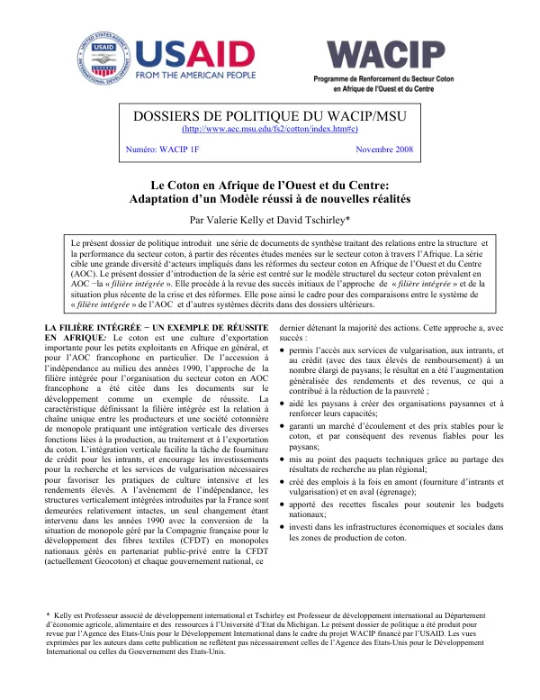 Le coton en Afrique de l"Oest et du Centre : adaptation d"un modele reussi a de nouvelles realites