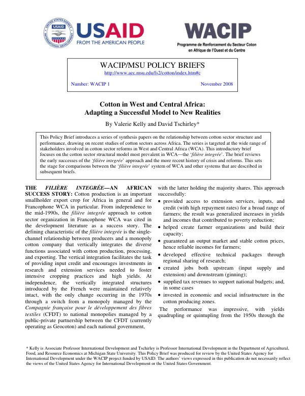 Cotton in West and Central Africa : adapting a successful model to new realities