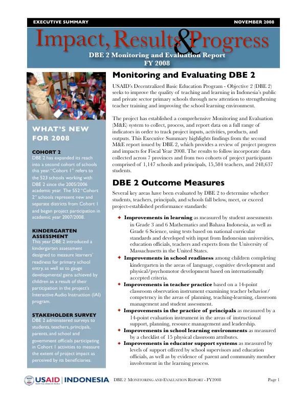 Impact, results and progress : DBE 2 monitoring and evaluation report FY2008 -- Executive summary