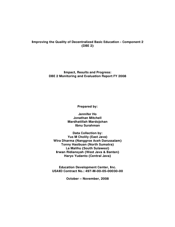 Impact, results and progress: DBE 2 monitoring and evaluation report FY2008