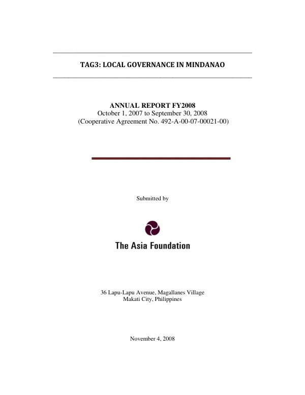 TAG3 : local governance in Mindanao -- annual report FY2008, October 1, 2007 to September 30, 2008 (cooperative agreement no. 492-A-00-07-00021-00)