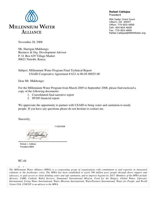Millennium water program in Kenya : cooperative agreement no. 623-A-00-05-00-00025-00 -- program period, March 1, 2005-September 30, 2008 : final technical report (March 1, 2005-September 30, 2008)