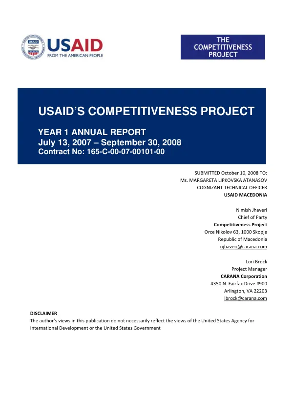 USAID"s Competitiveness project : year 1 annual report, July 13, 2007-September 30, 2008