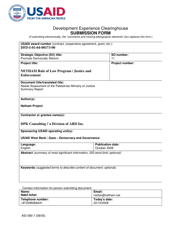 Needs assessment of the Palestinian Ministry of Justice : summary report