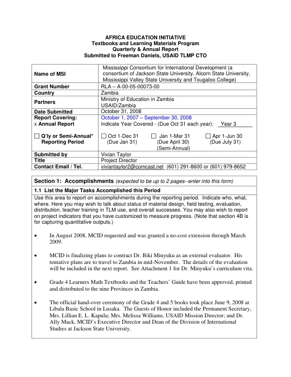 Africa education initiative : textbooks and learning materials program -- quarterly & annual report, October 1 - September 30 2008