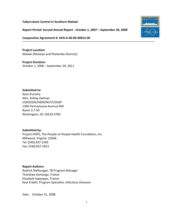 Tuberculosis control in Southern Malawi report period : second annual report, October 1, 2007-September 30, 2008