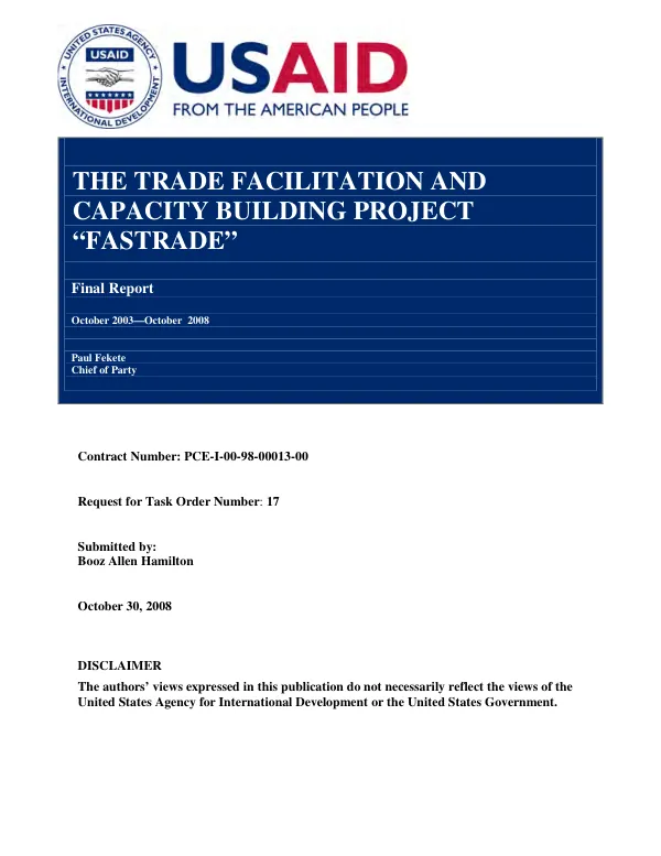 The trade facilitation and capacity building project "FASTRADE" : final report, October 2003-October 2008