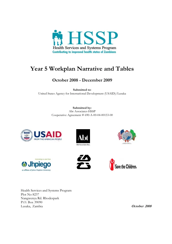 HSSP, health services and systems program : 5 year workplan narrative and tables -- October 2008-December 2009