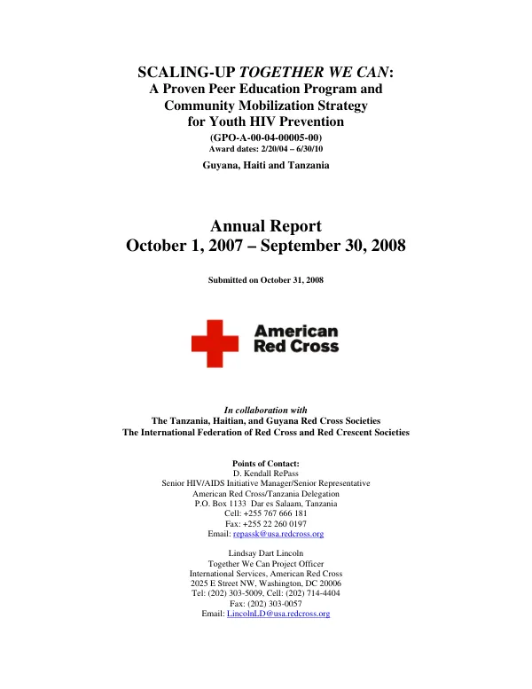 Scaling-up together we can : a proven peer education program and community mobilization strategy for youth HIV prevention -- annual report October 1, 2007-September 30, 2008