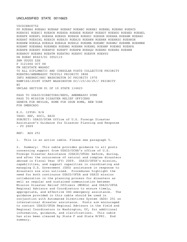 USAID/DCHA Office of U.S. Foreign Disaster Assistance"s guidance for disaster planning and response -- FY 2009