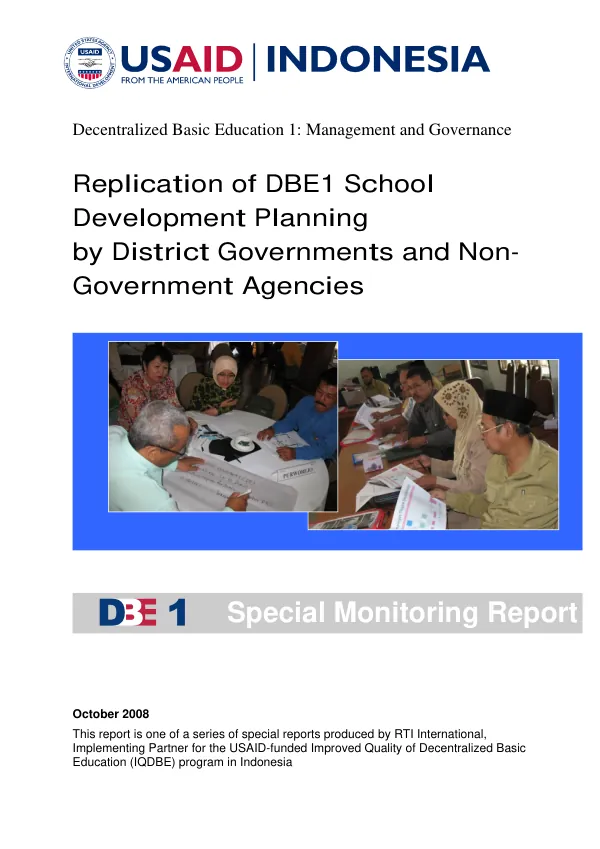 Decentralized basic education 1 ; management and governance -- replication of DBE1 school development planning by district governments and non-government agencies